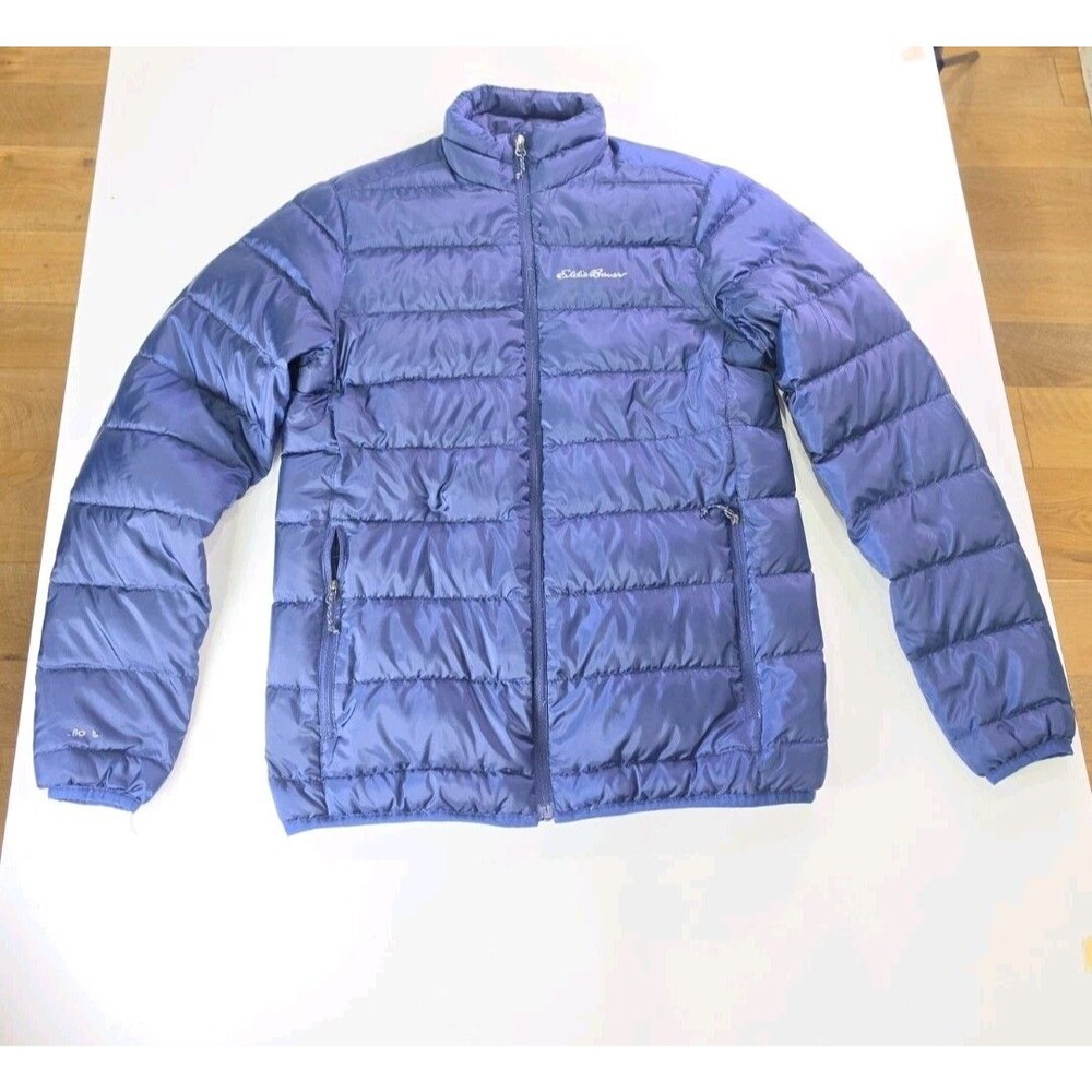 Eddie Bauer EB650 Down Puffer Jacket Mens Large Blue Full Zip Pullover Travel